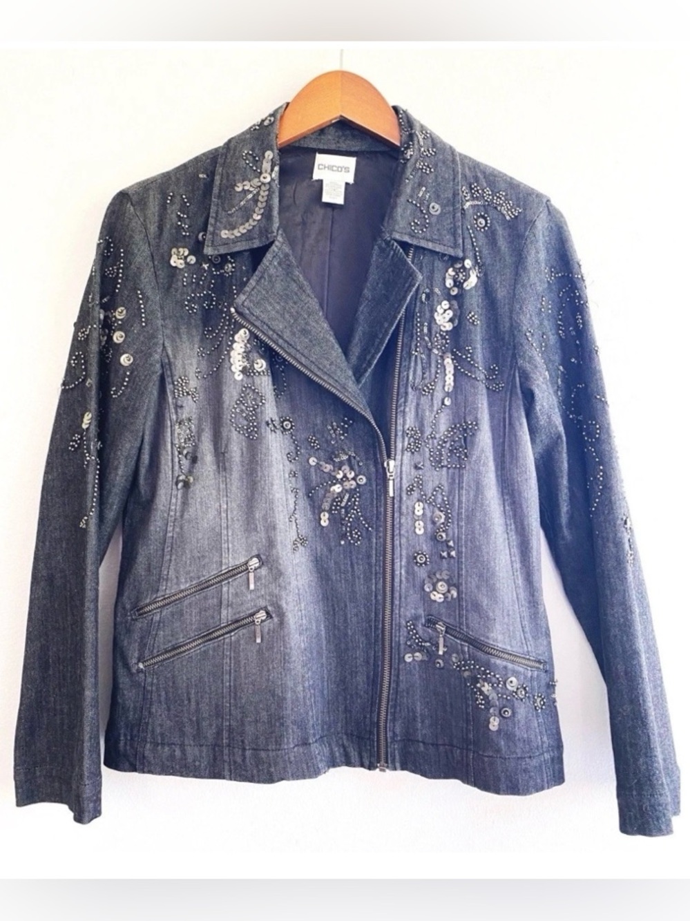 Chico's Embellished Denim Moto Jean  Jacket Faded Black